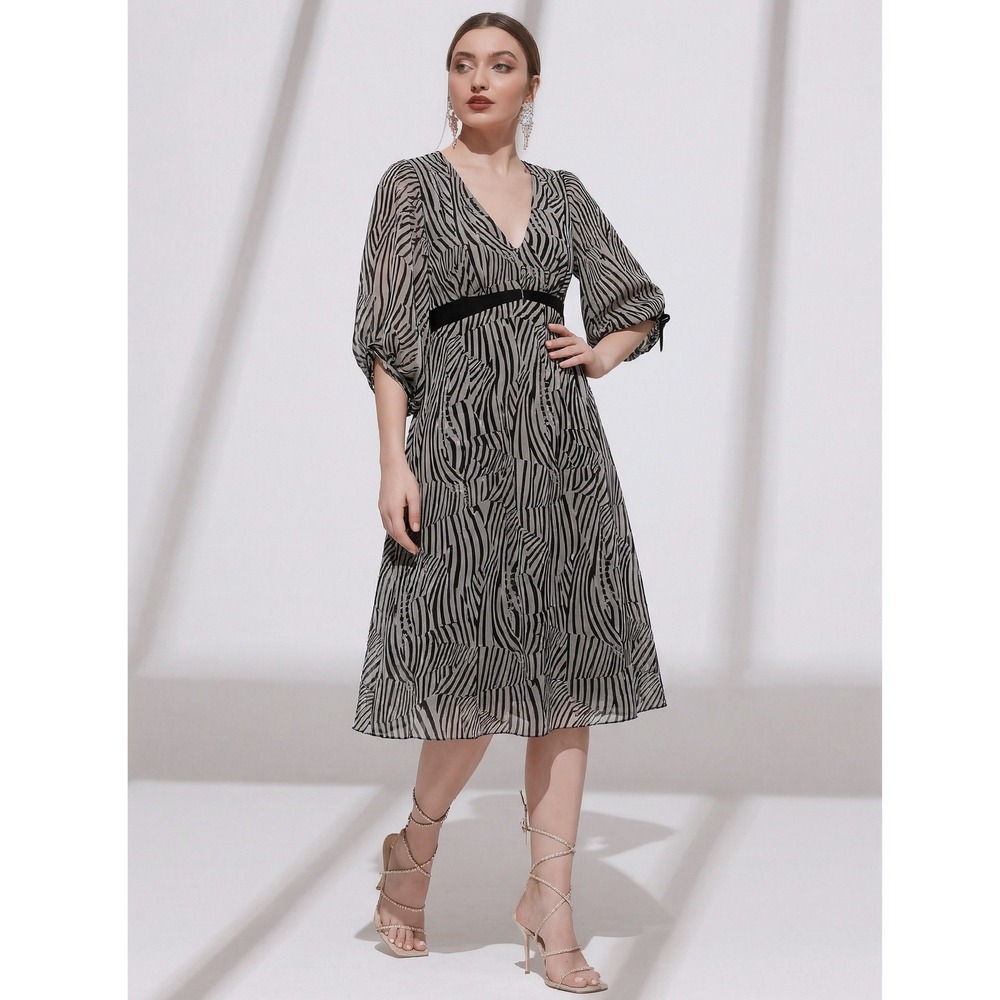 Ted Baker Zebra Print Midi Dress Women Size 2 Black White Excellent Puff Sleeve
